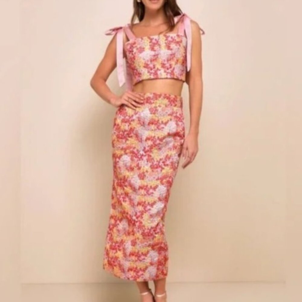 NWT Lulus Two-Piece Dress XS Ellarina Pink Floral Metallic Tie-Strap Midi Maxi